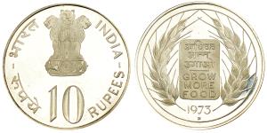 1973, Silver Proof Rupees 10, 22.48g, Grow More Food, (KM 188).