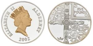 Alderney, Elizabeth II, Silver 5 Pounds, 28.65g, 2002, (KM 24).