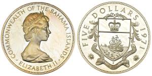 Bahamas, Elizabeth II, Silver 5 Dollars, 41.89g, 1971, (KM 33).