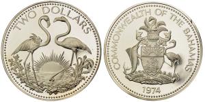 Bahamas, Silver 2 Dollars, 29.8g, 1974, (KM 66).