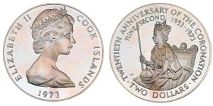 Cook Island, Elizabeth II, Silver 2 Dollars, 25.7g, 1973, (KM 8). In original box of issue