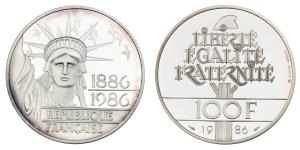 France, Silver 100 Francs, 15g, 1986, Statue of liberty 100th Anniversary (KM 960).