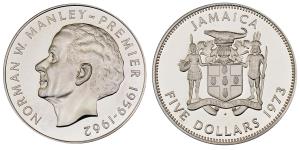 Jamaica, Norman W.Manley, Silver 5 Dollars, 43.05g, 1973, (KM 59).