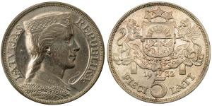 Latvia, Silver 5 Lati, 24.94g, 1932, (KM 9).
