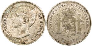 Spain, Alfonso XII Rey, Silver 5 Pesetas, 24.61g, 1876, (KM 671).