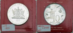Trinidad and Tobago, Silver 10 Dollars, 10th Anniversary, 35g, 1972, (KM 16).