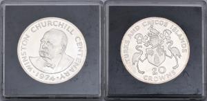Turks and Caicos, Silver 20 Crowns, 38.70g, 1974, VI Centenary birth of Winston Churchil. 
