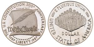 United States of America, Constitution, Silver Dollar, 26.57g, 1987. In original box of is