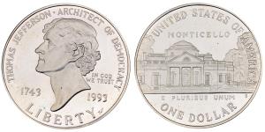 United States of America, Thomas Jefferson, 1 Dollar, 26.43g, 1993. In original box of iss