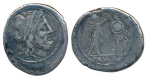 Victoriatus (194-190 BC), Silver Denarius, 2.57g, obv. laureate head of Jupiter to right, 