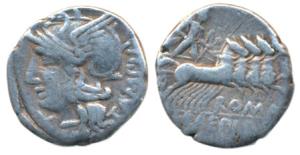 Baebius Q.f. Tampilus (137 BC), 3.8g, Silver Denarius, obv. helmeted head of Roma left, re
