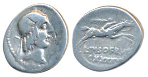 Roman, Calpurnius Piso Frugi (90 BC), Silver Denarius, 3.74g, obv. Apollo laureate head to