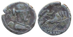 Roman, Carisius (46 BC), Silver Denarius, Rome Mint, 2.93g, obv. draped and winged bust of