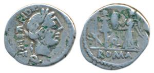 Roman, Egnatuleius (97 AD), Silver Quinarius, 1.7g, obv. laureate head of Apollo, rev. Vic