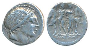 Roman, Memmius (109-108 AD), Silver Denarius, 3.64g, obv. laureate head of Apollo, rev. Di