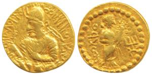 Kushanas, Huvishka, Gold Dinar, 7.84g, Mint I (A), 1st emission, obv. nimbate and helmeted