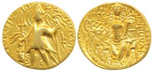 Kushanas, Vashishka, Gold Dinar, 7.70g, obv. king standing left, holding a trident in righ