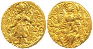 Later Kushanas, Magra (Rebel) (c. 300 AD), Gold Dinar, 7.67g, obv. king nimbate, standing 