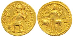 Later Kushanas, Vasudeva (c. 192-225 AD), Gold Dinar, 7.87g, obv. king nimbate standing le