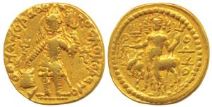Later Kushanas, Vasudeva, Gold Dinar, 7.96g, obv. king nimbate standing left, holding a tr