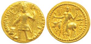 Later Kushanas, Vasudeva, Gold Dinar, 7.92g, obv. king nimbate standing left, holding a tr