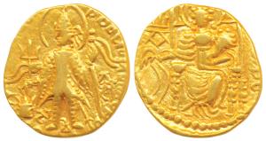 Later Kushanas, Vasudeva II (c. 250-260 AD), Gold Dinar, 7.78g, obv. king standing left, h