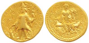 Later Kushanas, Vasudeva II, Gold Dinar, 7.64g, obv. king standing left, holding a trident