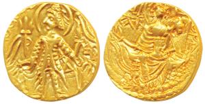 Later Kushanas, Shaka (c. 300-330 AD), Gold Dinar, 7.66g, obv. king nimbate, standing left