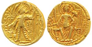 Later Kushanas, Shaka, Gold Dinar, 7.68g, obv. king nimbate, standing left, holding staff 