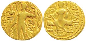 Guptas, Samudragupta, Gold Dinar, 7.54g, ’Archer’ type, obv. king nimbate, standing left, 