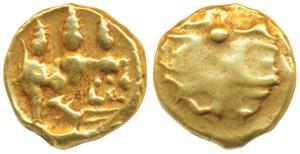 Vijayanagar, Tirumala Raya (1565-1578 AD), Gold ½ Pagoda, 1.7g, Rama and Sita seated with 