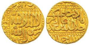 Akbar, Gold Mohur, 10.85g, Dar-ul-Sultanate Ahmedabad Mint, AH 989, Kalima on obv. (KM 108
