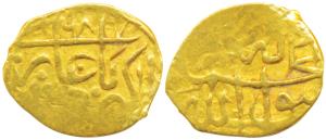 Akbar, Gold 1/10 Mohur, 0.96g, Mintless but issued at Badakshan, AH 987, Kalmia on obv., r