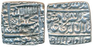 Akbar, Silver Square Rupee, 10.95g, Dar us-Sultanate Lahore Mint, AH 987, Kalima type, (KM