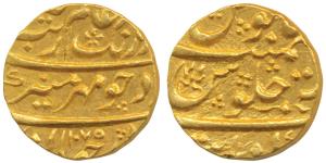 Aurangzeb, Gold Mohur, 11.09g, Khambayat Mint, AH 1075 (KM 315.27). About Uncirculated.