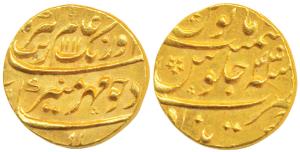 Aurangzeb, Gold Mohur, 10.97g, Khujista Bunyad Mint, AH 1111/43 (KM 315.30). Mint State, R