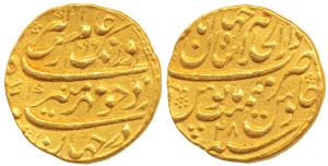 Aurangzeb, Gold Mohur, 10.86g, Dar-ul-Khilafat Shahjahanabad Mint, AH 1096/28 (KM 315.42).