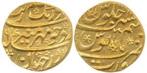 Aurangzeb, Gold Mohur, 11.05g, Surat Mint, AH XX79/11 (KM 315.45). About Extremely Fine.
