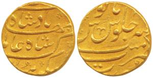 Shah Alam Bahadur, Gold Mohur, 11.05g, Surat Mint (KM 356.14). Very Fine+.