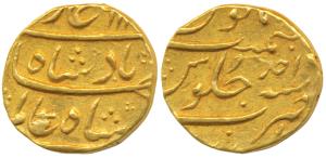Shah Alam Bahadur, Gold Mohur, 10.75g, Surat Mint, AH 111X/Ahd (KM 356.14). Very Fine+.