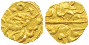 Multan Mint, Gold Rupee, 0.65g, issued by Diwan Mulraj, complete date VS 1905, leaf symbol