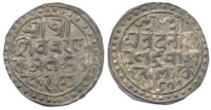 Nara Narayan, Silver Tanka, 10.56g, Sk 1477, legend in four lines, obv. Sri Sri/ Siva Char