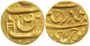 Rajindar Singh (VS 1933-1957, 1876-1900 AD), Gold Mohur, 10.66g, Sirhind Mint, poetic coup