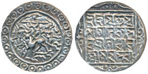 Yaso Manikya (c. SEc 1521-1548, 1599-1626 AD), Silver Rupee, 10.55g, obv. Krishna with two
