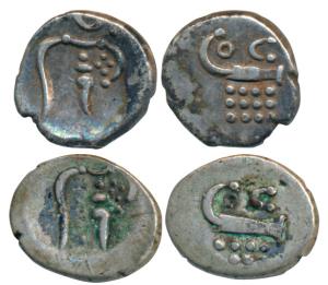 Negapatnam, Silver Fanam (2), 0.85g and 1.05g, obv. degenerated figure of Kali, rev. OC ab