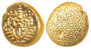 Negapatnam, Gold Pagoda, 3.37g, Lazy J with Lord Vishnu standing, facing front on obv., gr