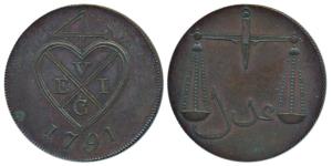 Proof Cooper 2 Pice, 10.14g, 1791, bale mark with date below on obv., Scales on rev, obliq