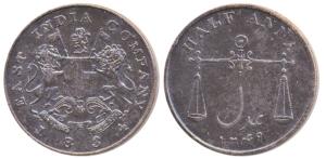 Copper ½ Anna, 12.71g, 1834, Coat of Arms on obv., scales and value within wreath on rev, 