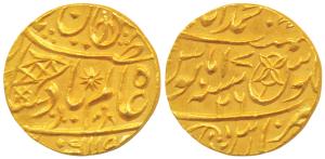 Muhammadabad Banaras Mint, Gold Mohur, in the name of Shah Alam II, fish, sun-burst and fl