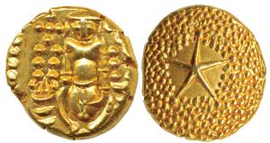 Star Pagoda, Gold 3.26g, single Swami (Balaji-Tirupati) standing, facing front on obv.; st